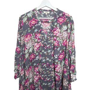 Umgee Floral Tunic Mini Dress Gray Pink Boho Cottagecore Small